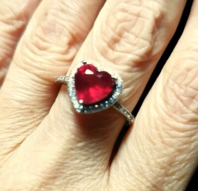 NATURAL RUBY + CZ 925 STERLING SILVER 14K WHITE GOLD PLATED RING - Immagine 1 di 4