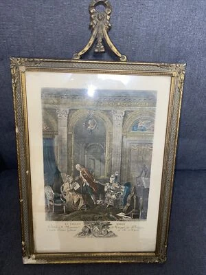 Excepcional marco de madera antiguo e impresión francesa 19”x11” “Le Billet Doux” Foto 1 de 4