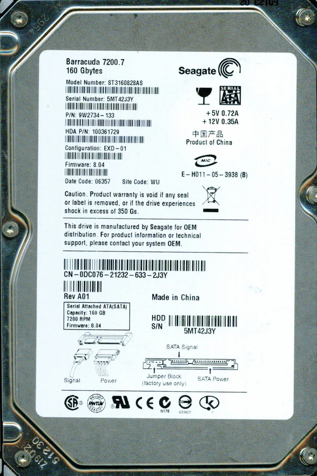 ST3160828AS,  9W2734-133,  5MT,  8.04,  WU   SEAGATE SATA 160GB  - Image 1 of 1