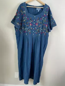 Vintage Jane Ashley Woman Plus 3X Floral Embroidered Denim Midi Dress - Picture 1 of 13