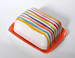 BASSANO KERAMIK  kleine  Butterdose BUNTE LINIEN Orange MEDITERRANES GESCHIRR - Bild 1 von 2
