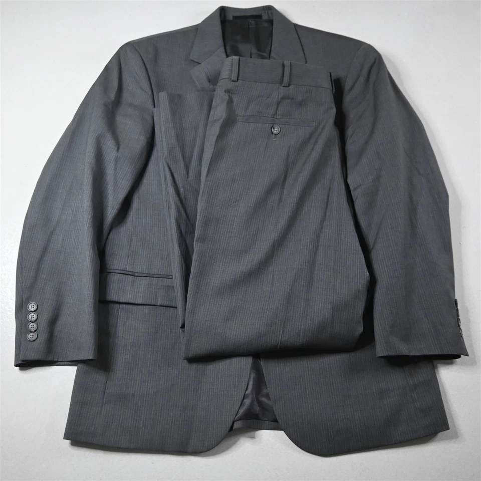 Kenneth Cole 38S 32x30 Gris Rayas 100% Lana Hombre Chaqueta Pantalones Traje Foto 1 de 4