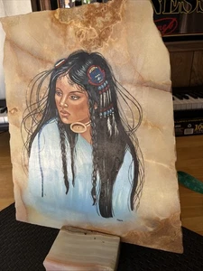 VintagePainting On Slab Of Native American Woman With Stand 15x13 Signed “Diana” - Picture 1 of 11