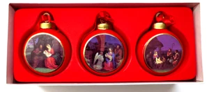 BEAUTIFUL PORCELAIN ORNAMENTS EACH WITH A DIFFERENT NATIVITY SCENE 3" RED BACK - Picture 1 of 4