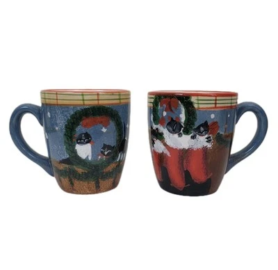 Dos tazas Oneida Cat Friends 20 oz, tazas de loza Navidad gatito pintadas a mano Foto 1 de 4