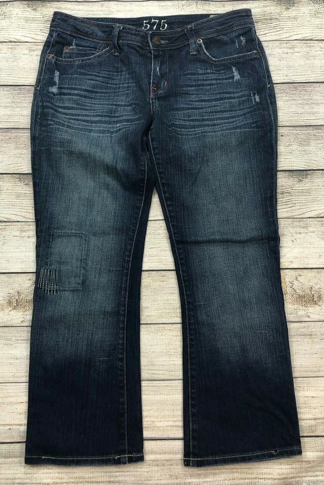 Pantalones de mezclilla recortados al tobillo desgastados 575 para mujer talla 28 elásticos lavado oscuro U13  Foto 1 de 4