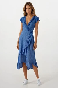 M&S Blue Polka Dot Summer Frill Wrap Dress - Picture 1 of 4