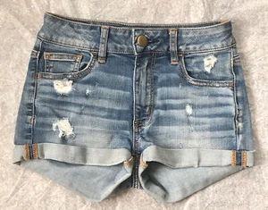 AMERICAN EAGLE HI-RISE SHORTIE SHORTS super stretch Distress Blue Denim X Cuff 0 - Picture 1 of 10