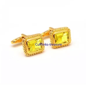 Natural Lemon Quartz Gemstones with 925 Sterling Silver Gold Plated Cufflinks #4 - Picture 1 of 3