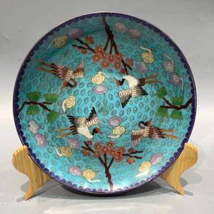 25cm Fengshui Decor old copper Cloisonne enamel Cloud crane ornament Cyan Plate - Picture 1 of 7