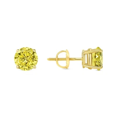 2.75 Ct Round Cut Canary Earrings Studs Solid 14K Yellow Gold Screw Back Basket - Imagem 1 de 3