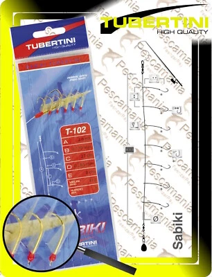 Sabiki Tubertini T-102 cm.200 6 ami fluorocarbon pelle pesce sgombri sugarelli - Immagine 1 di 4