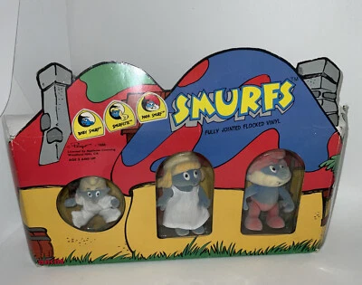 1988 Peyo/Bikin Pitufos Papá Pitufo Bebé Pitufo Flocado Vinilo Set Raro En Caja Foto 1 de 4