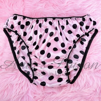 Sissy Satin Panties for MEN - Polka Dot Pink Black shiny Full Cut Bikini S-XXL - Image 1 of 4