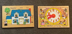 2 Vtg Fisher Price Wood Puzzles 12 pcs House~513 Teaching Clock~2710 take a peek - Picture 1 of 5