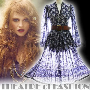 VINTAGE 70s INDIAN DRESS MAYUR GAUZE BLUE HIPPY BOHO WEDDING POET OPHELIA - Picture 1 of 12