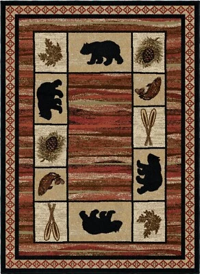 Hearthside Vogel Round Oval Runner Area Rug Lodge Cabin Bear Oar Black Red - Image 1 of 4