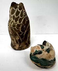 Ancient Chinese Antique Owl Pottery Burial Flask 15cm with knop / cover bird x 2 - Picture 1 of 5
