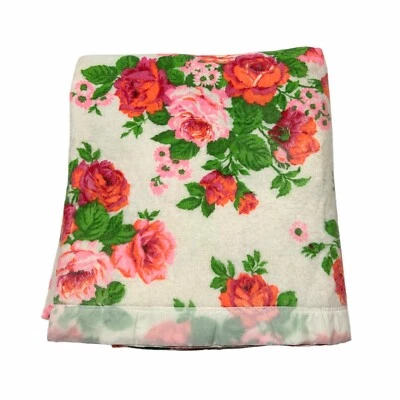 Vintage Floral Satin Trim Acrylic Blanket 73 x 85” Twin/Full White Pink *READ - Image 1 of 4
