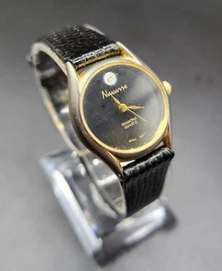 Vintage Navarre Japan Gold Black Tone Ladies Diamond Analog 22 mm Quartz Watch - Picture 1 of 8
