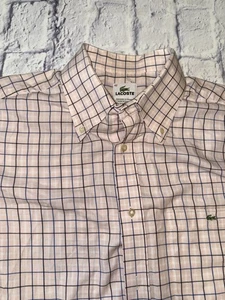 Lacoste Button Up 42 Pink Plaid W/ Blue Stripes Pocket 100% Cotton,RN 87651 - Picture 1 of 9