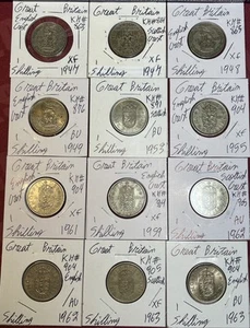 1947 - 1963 Great Britain 1 Shilling XF - BU Condition 12 Coin Lot - Picture 1 of 12
