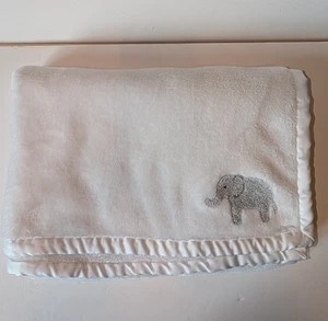 Carter's OS White Baby Blanket Satin Trim Embroidered Gray Elephant Soft Fleece - Picture 1 of 6