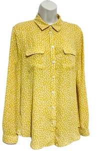 Loft M blouse light Yellow with white flowers Roll tab sleeves 2 pocket button - Picture 1 of 9