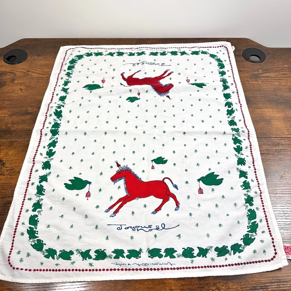 Toalla de cocina navideña Taylor & Ng 1980 de colección unicornio Joyeux Noel rojo verde Foto 1 de 4