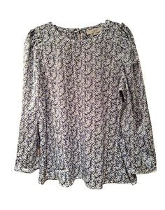 Blusa LS blu e bianca Loft L nuova con etichette bottoni posteriori spalle volant modesta - Foto 1 di 6