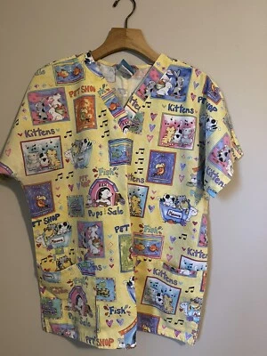 Ladies SCRUB Top PET SHOP Kittens Dogs Fish Small - Image 1 of 2