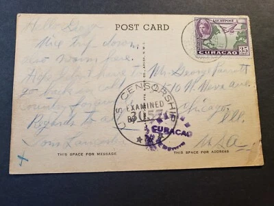 ARUBA, CURACAO WWII Postal History Cover Censored Postcard w/ note - Image 1 of 2