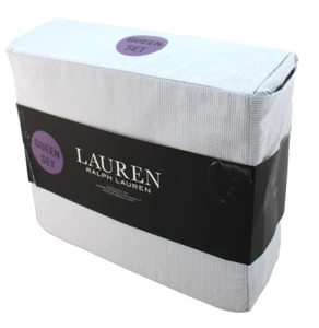LAUREN Ralph Lauren Queen Size Blue /White Stripe Sheet Set 100% Cotton Fits 18” - Picture 1 of 11