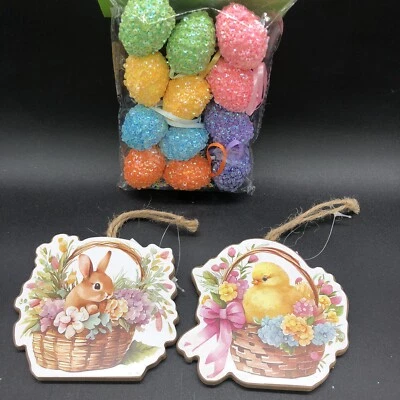 Conejito en cesta y pollito en cesta + adornos de huevo de Pascua árbol de primavera conjunto de 15 Foto 1 de 4