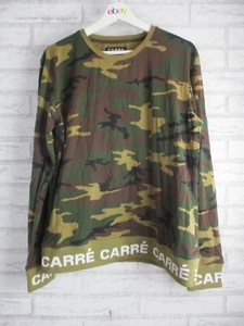 Carre mens top green brown army print M logo long sleeve round neck - Picture 1 of 9