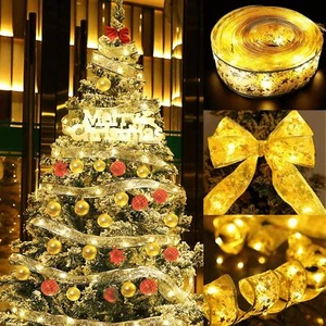 Christmas Ribbon Fairy Lights 32.8ft Gold Ribbon for Christmas Tree Decoratio... - Picture 1 of 7