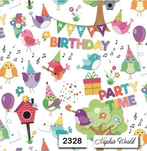 (2328) TWO Individual Paper LUNCHEON Decoupage Napkins - BIRTHDAY BIRDS PARTY - Picture 1 of 3