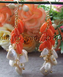 White Keshi Pearl Orange Coral Earrings gold plated hook