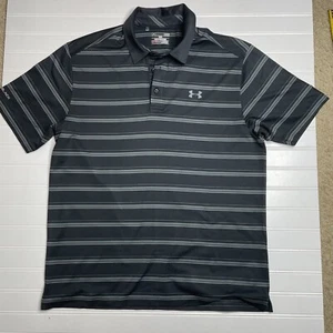 Under Armour Polo ColdBlack Heatgear Black Gray Striped Golf Work Mens Large - Picture 1 of 6