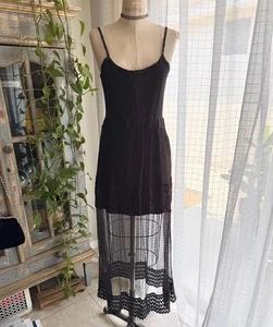 Vintage 90s 2000s Black Maxi Dress Sheer Stretchy Goth Grunge Fairy Small - Picture 1 of 12