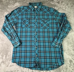VINTAGE Wrangler Shirt Mens Large Blue Plaid Flannel Pearl Snap Western Cowboy - Picture 1 of 12
