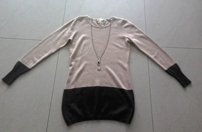 Max Studio Pullover Lang 100% Kaschmir 2-lagig Gr.M Beige Anthrazit - Bild 1 von 4