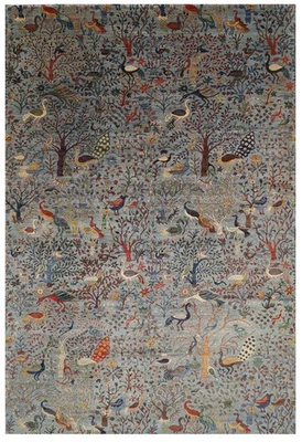 10 x 14 英尺鸟类动物灰色区域地毯阿富汗手工打结蔬菜染料羊毛地毯 — 第 1/4 张图片