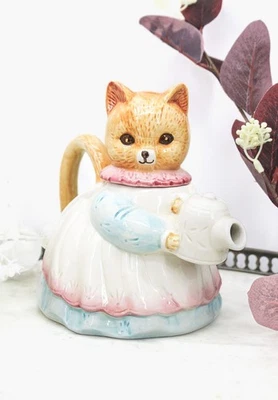 Théière japonaise Takahashi zoomorphe en forme de chat céramique peinte vintage - Photo 1/4