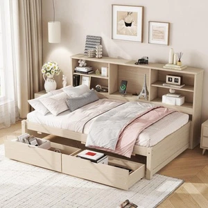 Twin Bed Frame with Bookcase, Solid Wood Bed Frame with 2 Large Storage Drawe... - Picture 1 of 9