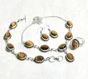 Terrific Tiger Eye  Handmade Necklace Set Jewelry 53 Gms Us Ring Size-8.75 - Picture 1 of 2