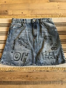 Zara Denim Jean Skirt Pizza Unicorn Graffiti Girls Size 13/14 - Picture 1 of 5