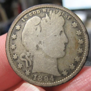 1894 Barber Quarter 90% Silver 25c, US Antique Coin - Picture 1 of 4