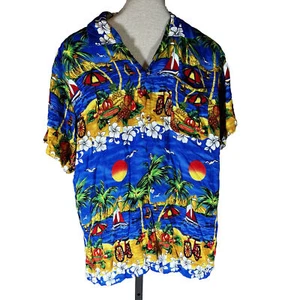 India Boutique Hawaiian Shirt Medium Blue Beach Palm Trees Sailboat Fruit Bike - Picture 1 of 8