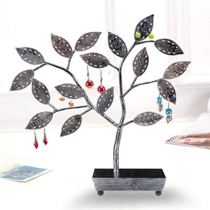 Silver Metal Tree Design Jewelry Hanger Earring Necklace Holder with Ring Tray - Picture 1 of 5